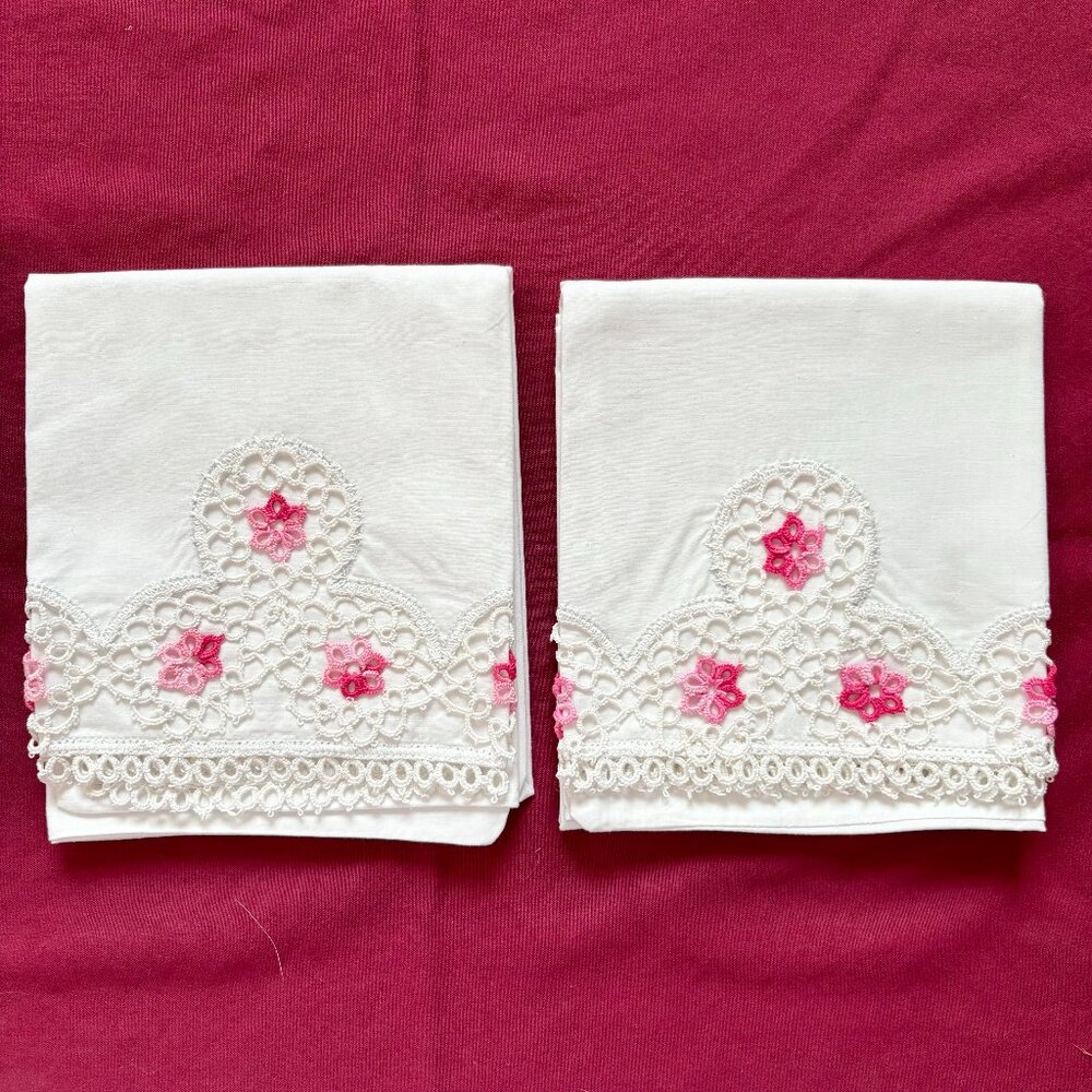 2 White Cotton Pink Crocheted Pillowcases